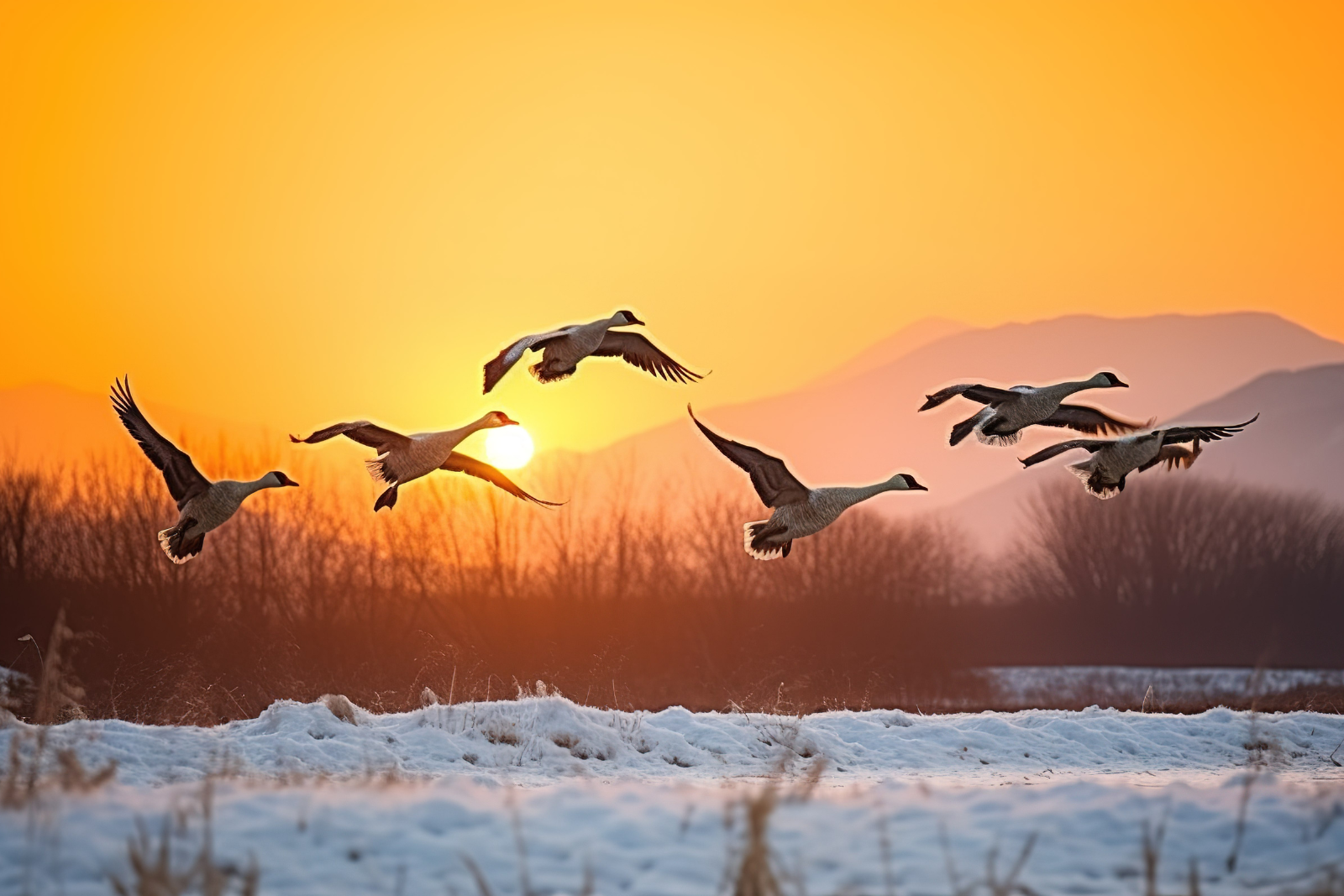 Geese flying across a snowy field at sunset. Image by pngtree.com